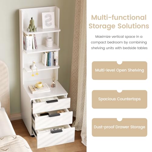 Tall Nightstand with 3 Drawers & 4 Open Shelves, Modern Bedside Table with Storage, Multifunctional Narrow Night Stand, Space-Saving End Tables for Bedroom, Small Spaces, White
