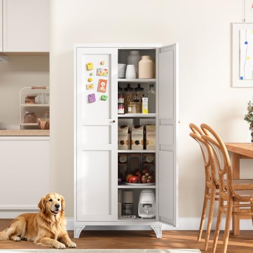 Yizosh Metal Storage Cabinet with 2 Doors and 4 Adjustable Shelves - 61" White Kitchen Pantry Storage 5-Tier Tall Steel Cabinets Locker for Kitchen, Living Room, Dining Room - color: White, size: 61"- 4 Adjustable Shelves