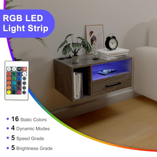 Homaterial Floating Nightstand with Charging Station and LED Lights, Floating Bedside Table with Drawers Wall Mounted Nightstands,for Bedroom Room, 21.3" x 11.8" x 10",Grayish Brown - color: Grayish Brown