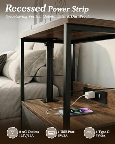 Faesun Swivel Lift Top Nightstand with Charging Station, Rolling Night Stand with Fabric Drawer, Adjustable Bedside Table for Bedroom, Living Room, Walnut Gray, Pro - color: 02 - Walnut Gray (Tray Top), size: 1 Drawer