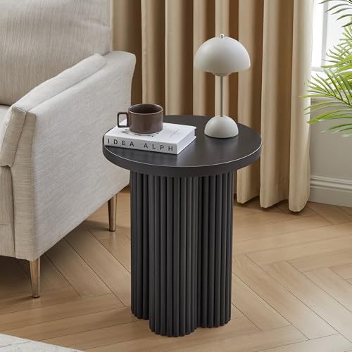 Round Fluted End Table, 17.7'' Mid Century Modern Side Table, Circle Bedside Tables Drink Table Wood Nightstand for Small Spaces, Living Room (Black-1PCS) - color: Black-1pcs