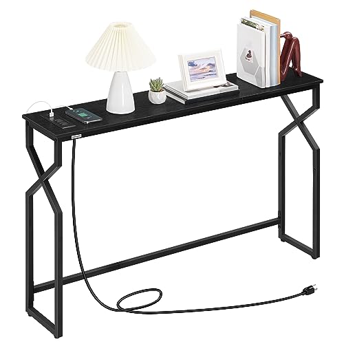 MAHANCRIS 44.9" Sofa Table, 9.4" Narrow Console Table with Charging Station, Couch Table Behind Sofa with Outlet, Entryway Table with Display Shelf, Living Room, Black CTHB113E01 - color: Black