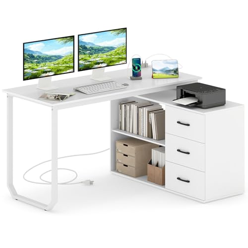 Tangkula 55" Reversible L Shaped Desk with 3 Drawers, Home Office Desk with Adjustable Shelf & Power Outlet, Study Writing Table, Computer Workstation for Small Space, Corner Desk (White) - color: White