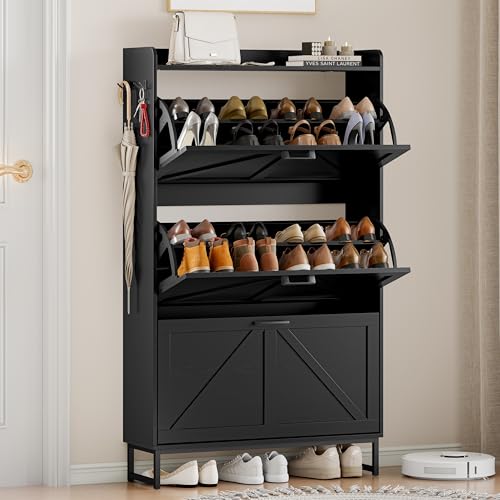Wodeer Shoe Cabinet Storage for Entryway, Shoe Storage Cabinet with 3 Flip Drawers, Freestanding Narrow Shoe Rack Organizer with Metal Legs & Side Hook for Foyer, Hallway, Black - color: Black, style: 3 Drawers