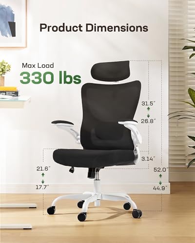 Marsail Ergonomic Office Chair: Office Desk Chair with High Back Mesh and Adjustable Lumbar Support Rolling Work Swivel Task Chairs with Wheel 3D Armrests and Headrest - color: Black & White