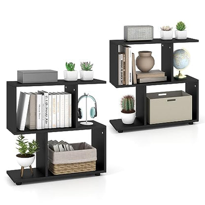Tangkula 2 Tier Geometric Bookshelf, Freestanding Wood Display Shelf, Home Office Room Divider S Shaped Open Bookcase, Small Bookshelf for Small Spaces, Living Room, Study (Black, 2) - color: Black, size: 2