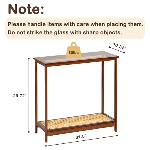 Bamboo Narrow Console Table, 31.5"(L) Wood Small Entryway Table with Rattan and Glass, Accent Slim Hallway Tables, Thin Sofa Side Tables for Hallway, Living Room, Bedroom, Foyer, Walnut - color: Walnut 31.5"(l)