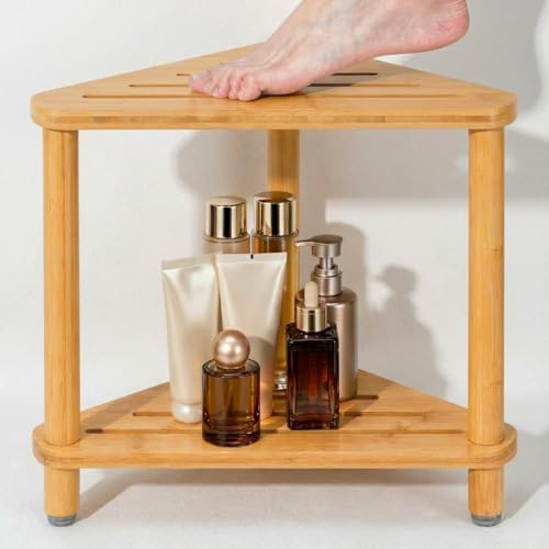 Bamboo Corner Shower Stool for Shaving Legs, Shower Bench for Inside Shower Foot Rest with 2-Tier Waterproof Storage Shelf for Inside Small Shower Spaces Bath Seat