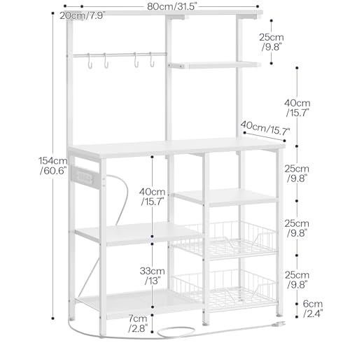 HOOBRO Large Bakers Rack with Power Outlets, 6-Tier Microwave Stand with 4 Hooks, Coffee Bar, Kitchen Shelf with Wire Basket, for Kitchen, Living Room, Office, White WW64UHB01 - color: White