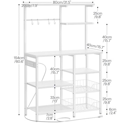 HOOBRO Large Bakers Rack with Power Outlets, 6-Tier Microwave Stand with 4 Hooks, Coffee Bar, Kitchen Shelf with Wire Basket, for Kitchen, Living Room, Office, White WW64UHB01 - color: White