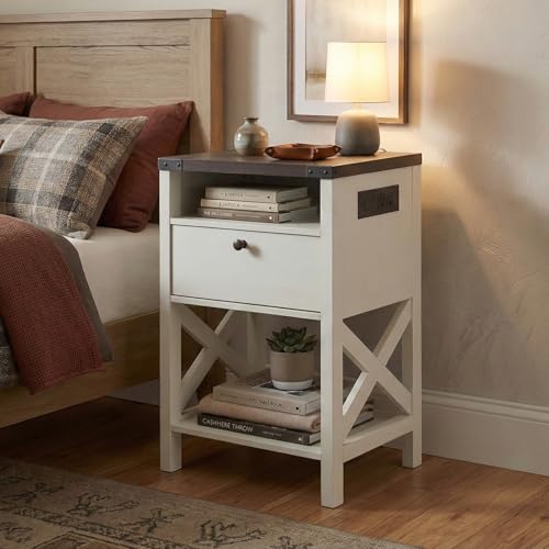 Rainbow Sophia Nightstand with Charging Station, Modern End Table with Drawer, Bedside Table with Open Storage, Vintage White/Espresso