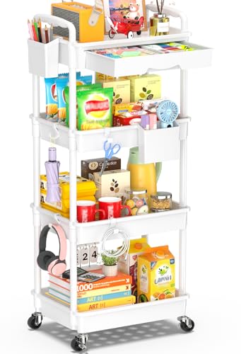 SUNALLY 4 Tier Rolling Cart with Drawer, Craft Storage Cart Organizer,White | Bathroom Storage Organizer with 2 Lockable Wheels, Rolling Utility Cart for Kitchen, Office, Baby, Makeup, Nail,Snack,Laundry - color: White, size: 4 Tier