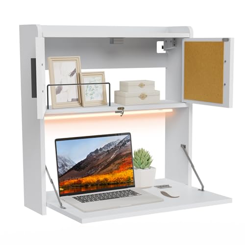 ARTETHYS Wall Mounted Desk Folding with Light Drop Down Hanging Desk | Multifunctional Fold Down Laptop Computer Table, Writing Workstation with Storage Compartments, Space Saving for Home Office - color: White With Light