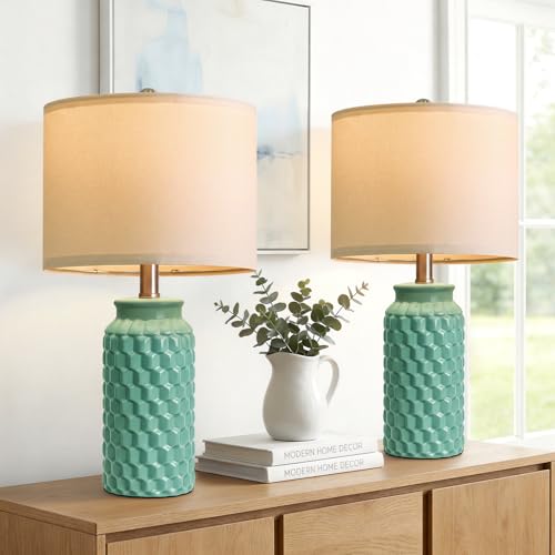 USumkky 20.5" Ceramic Table Lamps Set of 2 - Modern Farmhouse & Boho Style, Bedside Nightstand Lamps for Bedroom, Living Room End Table Lamps, Small Desk Lamp(Tiffany Blue) - color: 20.5" Tiffany Blue-2 Pack
