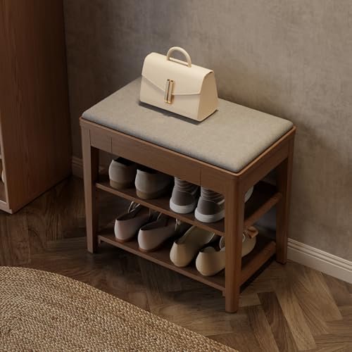 Small Shoe Bench with Storage, Wooden Shoe Storage Bench with Cushion&Hidden Drawer, 2-Tier Shoe Rack Bench for Entryway, Mudroom, Hallway - size: 23.6"W x 13.6"D x 21.3"H