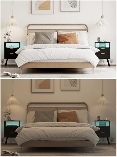 Leomonio Nightstand with Charging Station and LED Lights, Modern Bedside Table with 2 Storage Drawer and Open Wood Shelf for Bedroom and Small Spaces, Night Stand with Solid Wood Legs - color: Black-outlet