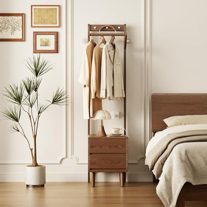 Solid Wood Coat Rack Freestanding,Standing Coat Rack with 2 drawers,Clothing Racks for Hanging Clothes,Narrow Hall Tree with Storage,Walnut Nightstand with 6 Coat Hooks for Bedroom Entryway Corner - size: 2 drawers