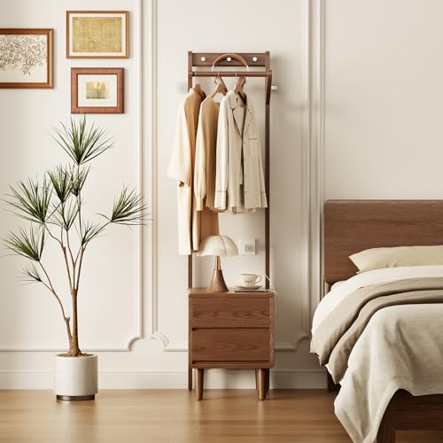 Solid Wood Coat Rack Freestanding,Standing Coat Rack with 2 drawers,Clothing Racks for Hanging Clothes,Narrow Hall Tree with Storage,Walnut Nightstand with 6 Coat Hooks for Bedroom Entryway Corner - size: 2 drawers