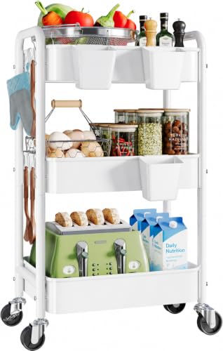 3 Tier Heavy Duty Rolling Cart Metal with Wheels, White Three Tiered roller Shelf Carts on Wheels, Utility Storage Shelves Organizer for Kitchen, Bedside, Laundry, Snack, Craft, Art, Pantry, Nail - color: White