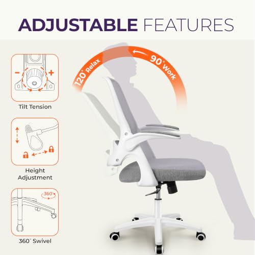 NEO CHAIR Office Desk Gaming Ergonomic Computer Chair with Lumbar Back Support Adjustable Height Swivel Rolling Wheels Flip-up Arms Mesh Chair for Home Vanity (Grey) - color: Grey