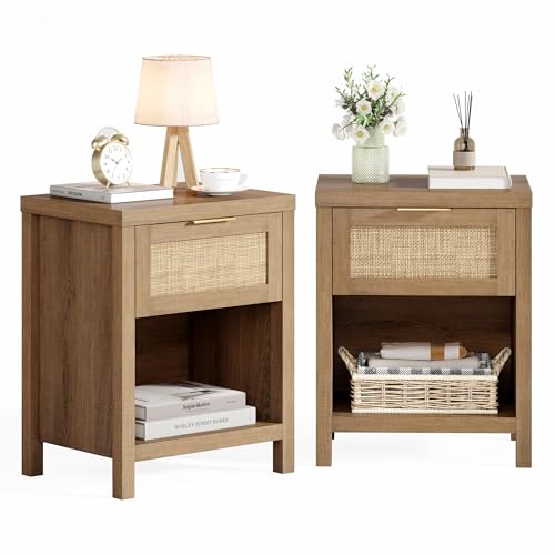 Eclatara Rattan Nightstand Set 2: Boho End Table with Drawer and Storage Shelf, Farmhouse Cane Accent Bedside Night Stands for Bedroom Small Space Sofa (2, Caramel Oak) - color: Caramel Oak (Medium 1 Drawer)