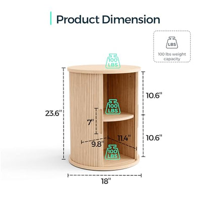 LINSY HOME Round Fluted End Table, Tall Side Table with Sliding Tambour Door and Storage Shelf, Modern Bedside Table, Mid-Century Nightstand for Living Room, Bedroom, Oak - color: Oak