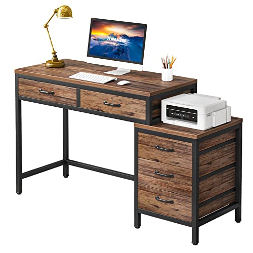 Tribesigns Computer Desk with 5 Drawers, Home Office Desks with Reversible Drawer Cabinet Printer Stand, Industrial PC Desk with Storage, Rustic Study Writing Table Workstation for Small Spaces - color: Rustic Brown