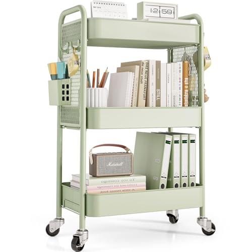 TOOLF 3 Tier Rolling Cart Storage Organizer, Metal Rolling Utility Cart with Wheels, Hooks & Bins Esthetician Craft Art Sturdy Storage with Pegboard for Bathroom, Kitchen, Office, Nursery Diaper - color: Green, size: 3-Tier