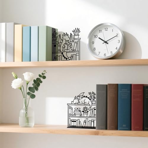 Metal Bookends Dragon Book Ends for Shelves | Dragon Bookends Decorative Unique Desk Bookend Black Book Stopper for Home Reading Bookshelf Decor Book Lovers Gift - style: Dragon