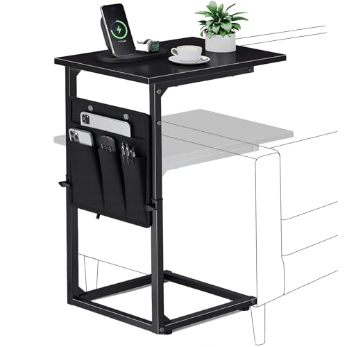 C-Shaped End Table, Small Side Table for Couch, Sofa Table Adjustable Height End Tables Living Room, Bedside Slide Under Couch Table for Sofa, TV Tray Table with Metal Frame for Bedroom,Black - color: Black, style: With Storage Pocket