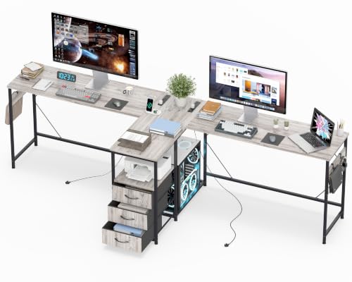 YOSHOOT 2 Person Computer Desk, 87" Long Gaming Desk for 2 People | Double Desk with 3 Fabric Drawers and 2 Power Outlets, Home Office Table for Adults and Teenagers, Grey - color: Grey, size: 35.4"D x 86.6"W x 30.7"H