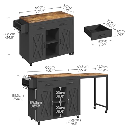 YATINEY Extendable Kitchen Island, Large Mobile Kitchen Storage Island, Rolling Kitchen Cart with Outlets, Island Table for Kitchen, Rustic Brown ZD03UBR - color: Rustic Brown + Black