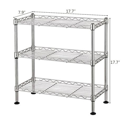 FOXHOLE 3-Tier Steel Metal Storage Rack Wire Shelving for Bathrooms, Closets, Kitchen, Pantry, Adjustable Shelves, Silver Finish, 17.72" L x 7.87" W x 17.72" H - size: 17.72"W x 7.87"D x 17.72"H