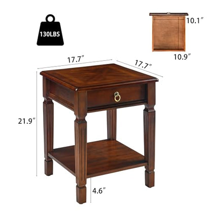Small End Table with Drawer and Storage Shelf, Traditional Square Sofa Side Table with Straight Carved Legs, 2-Tier Bedside Tables Nightstand in Dark Cherry,17.7" Dx21.9 H - size: 1P