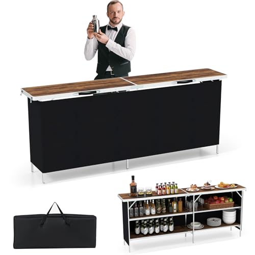 Giantex 81" Extra Long Portable Bar Table with 2-Tier Storage Shelves, Folding Mobile Bartending Station with Removable Skirt, Carry Case, for Events, Parties, Trade Shows (Coffee, 81''L x 32.5''H) - color: Coffee, size: 81''L x 32.5''H