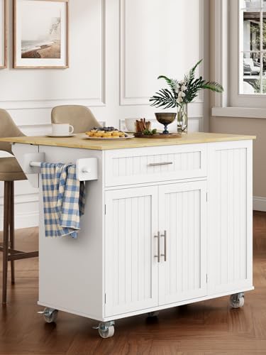 Kitchen Island with Storage, 43.3" Rolling Kitchen Island Cart on Wheels with Wide Drop Leaf Rubberwood Top, Large Mobile Island Table with Trash Can Storage and Towel Bar, White - size: Large Kitchen Island, style: Modern White