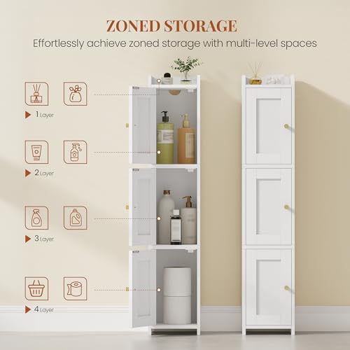 HEXCELEN Slim Bathroom Storage Cabinet, Narrow Cabinet with 3 Doors，Small Bathroom Organizers and Storage, Laundry Room Organization for Small Space, Kitchen, Living Room, White