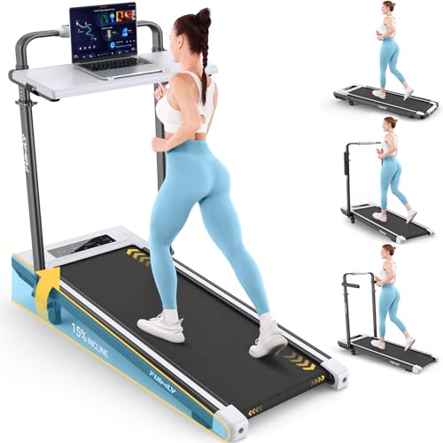 FUNMILY Upgrade Walking Pad Folding Treadmill with 12%/15% Incline & Handle Bar, 3.5HP Foldable Under Desk Compact Treadmills for Home/Office/Gym, 400+lb Capacity, Shock Absorption - color: White