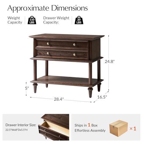 HULALA HOME Farmhouse Nightstand with Drawer & Open Shelf, Natural Wood End Table with Solid Wood Legs, 28.4'' Wide Sofa Side Table with Charging Station(Walnut) - color: Walnut