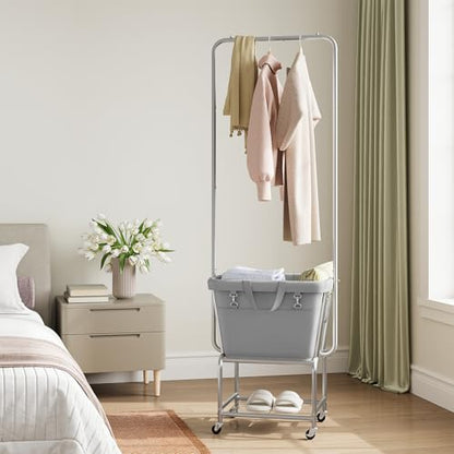 ELYKEN Laundry Cart with Hanging Rack, Rolling Laundry Hamper with Wheels, Laundry Basket with Removable Liner Bag and Shelf, Sturdy Metal Frame Dirty Clothes Basket for Hotel, Home, Closet, Dorm