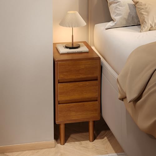 Nightstand with 3 Drawers Narrow Night Stand Solid Wood Bedside Table Mid Century Modern Nightstand Wooden End Table for Bedroom, Study, Office - color: Walnut-3d, size: 15.75''×11.8''×23.62''