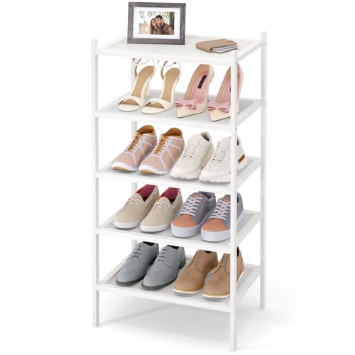 Smiry Bamboo Small Shoe Rack, 5 Tier Shoe Organizer for Closet, White | Stackable Shoe shelf for Entryway, Free Standing Storage for Shoes, Bags & Plants, with Solid Slab Shelves - color: White, size: 5 Tier-17.32" Wide