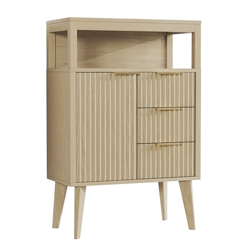 Natural Wood Bathroom Floor Cabinet with 3 Fluted Drawers & Door, Modern Storage Sideboard with Open Shelf, Coffee Bar Station for Living Room, Entryway, 23.6 x 11.8 x 34.6 Inches - color: Natural Wood, size: 11.81"D x 23.62"W x 34.65"H
