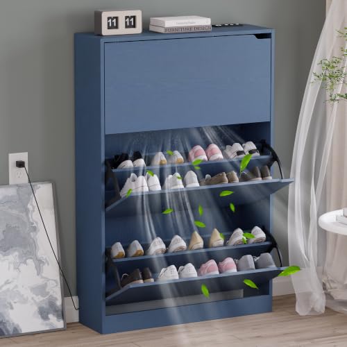 BORNOON Shoe Cabinet with Odor Control and Back Panels, Deodorizing Slim 3-Flip Shoe Storage Cabinet for Entryway, Freestanding Hidden Shoe Rack Organizer for Entrance, Hallway, Bedroom - color: Blue, size: 3 Drawers-Deodorizing