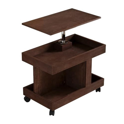 Multifunctional End Table with Wheels and 360° Rotating Desktop | Rolling Design, Storage Compartment, Sofa Side Narrow Table, Bedside Use, Living Room & Bedroom - color: Walnut-7.15