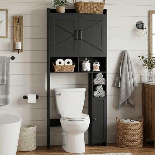 Homhedy Wooden Over The Toilet Storage Cabinet with Barn Door | Freestanding Bathroom Storage, Toilet Paper Holder, Adjustable Shelf,Space-Saving, Farmhouse Style, Black - color: Black
