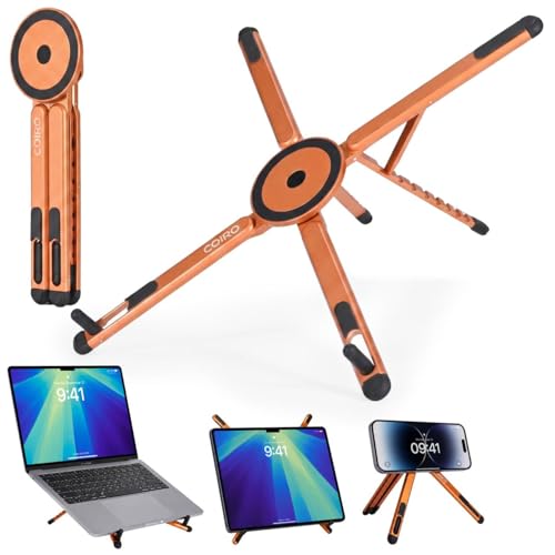 C Coiro 3-in-1 Magnetic Foldable Laptop Stand and Phone Stand for Desk Aluminum Alloy Adjustable Holder 10–16” Laptops & 4–13” Phones/Tablets, Magnetic Compatible with iPhone Android, Orange - color: Orange