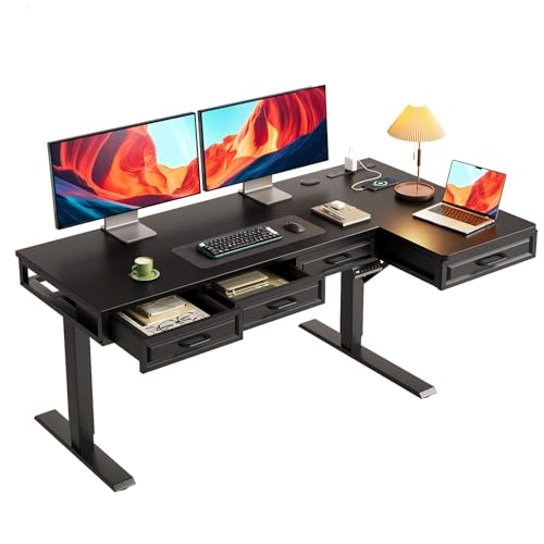 OffiGo L Shaped Electric Standing Desk with Wooden Drawers, 55 Inch Height Adjustable Corner Workstation with Power Outlets, Sit Stand Table for Home, Office, Black - color: Black, size: 55 Inch
