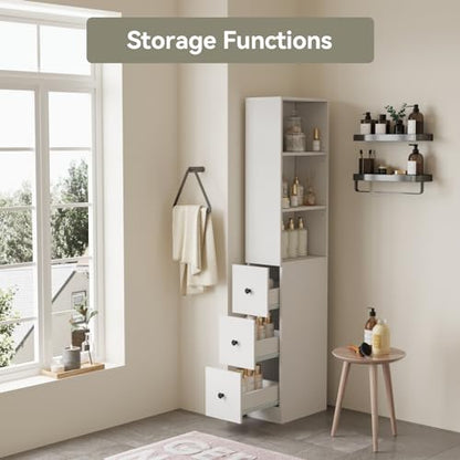 ARTETHYS Tall Slim Bathroom Storage Cabinet with 3 Adjustable Shelves | Free Standing Space Saver Cabinet with 3 Drawers for Living Room, Kitchen, Classic White - color: White