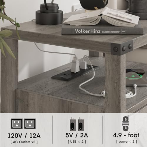 Fameill Nightstands Set of 2, Night Stand with Charging Station, Bed Side Table with Storage Cabinet, Farmhouse End Table for Living Room with USB Ports and Outlets, Gray